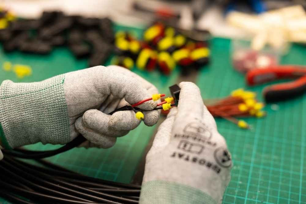 Technician fitting terminals during cable assembly production