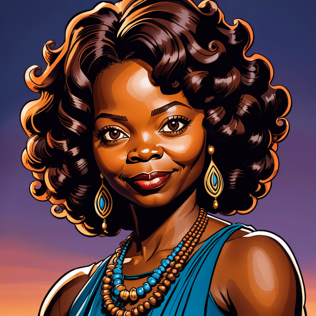 Illustration of a smiling woman with curly hair, wearing blue dress, earrings, and beaded necklaces.