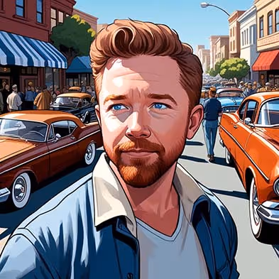 Bearded man with blue eyes in a busy vintage city street with classic cars and people.