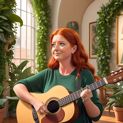 Red-haired woman in green plays acoustic guitar in a sunlit room filled with plants.