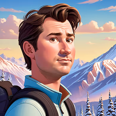 Young man with backpack and blue jacket in snowy mountain landscape at sunset.
