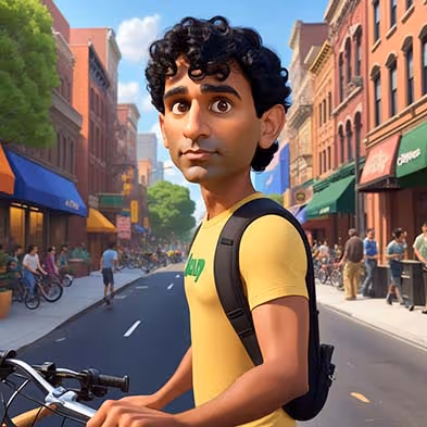 Young man with curly hair and backpack holding a bike on a busy city street with shops and people.