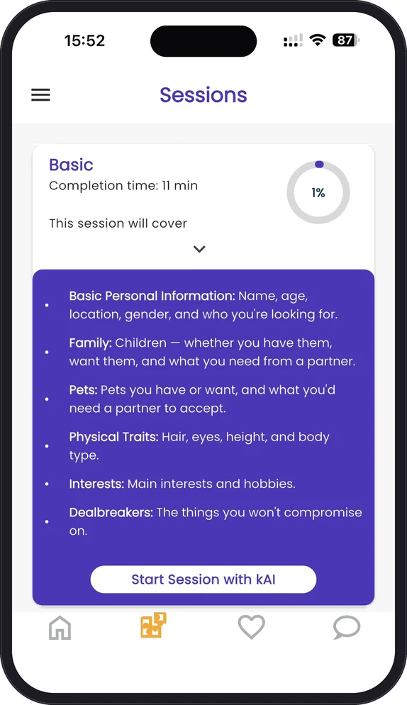 InTimid app Sessions screen showing the Basic session with kAI: personal information, family, pets, physical traits, interests and dealbreakers, and a Start Session with kAI button