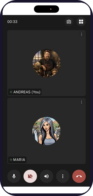 InTimid in-app video call screen with two participants, mute, camera, speaker, and end call controls