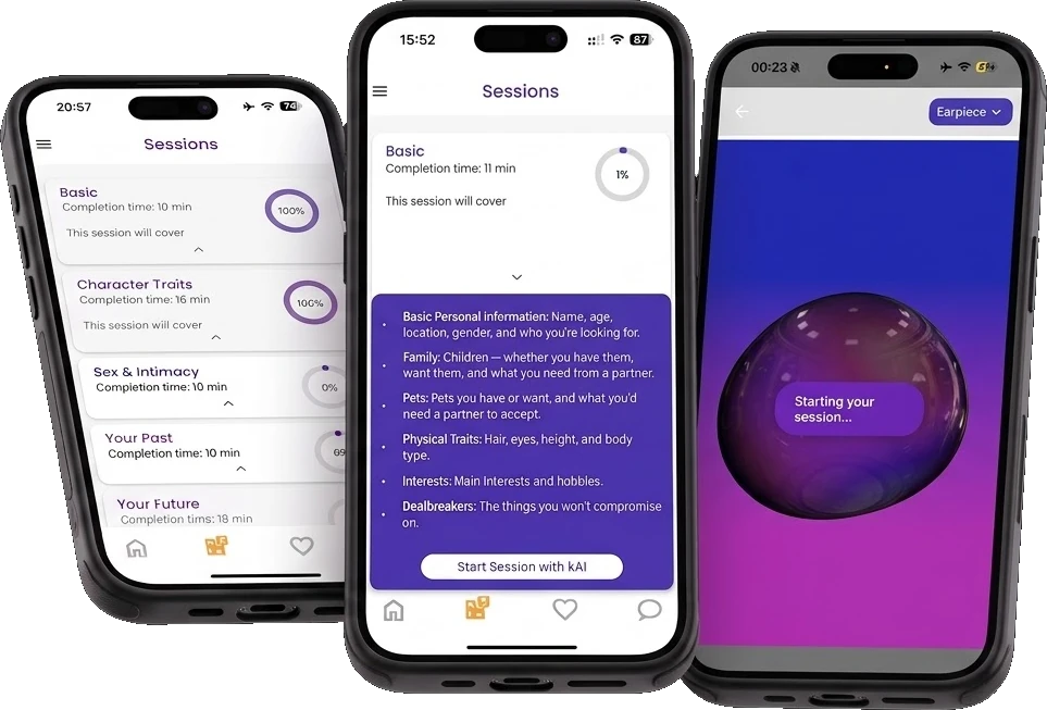 InTimid app screens: the Sessions list, the Basic session overview with a Start Session with kAI button, and kAI starting a voice session