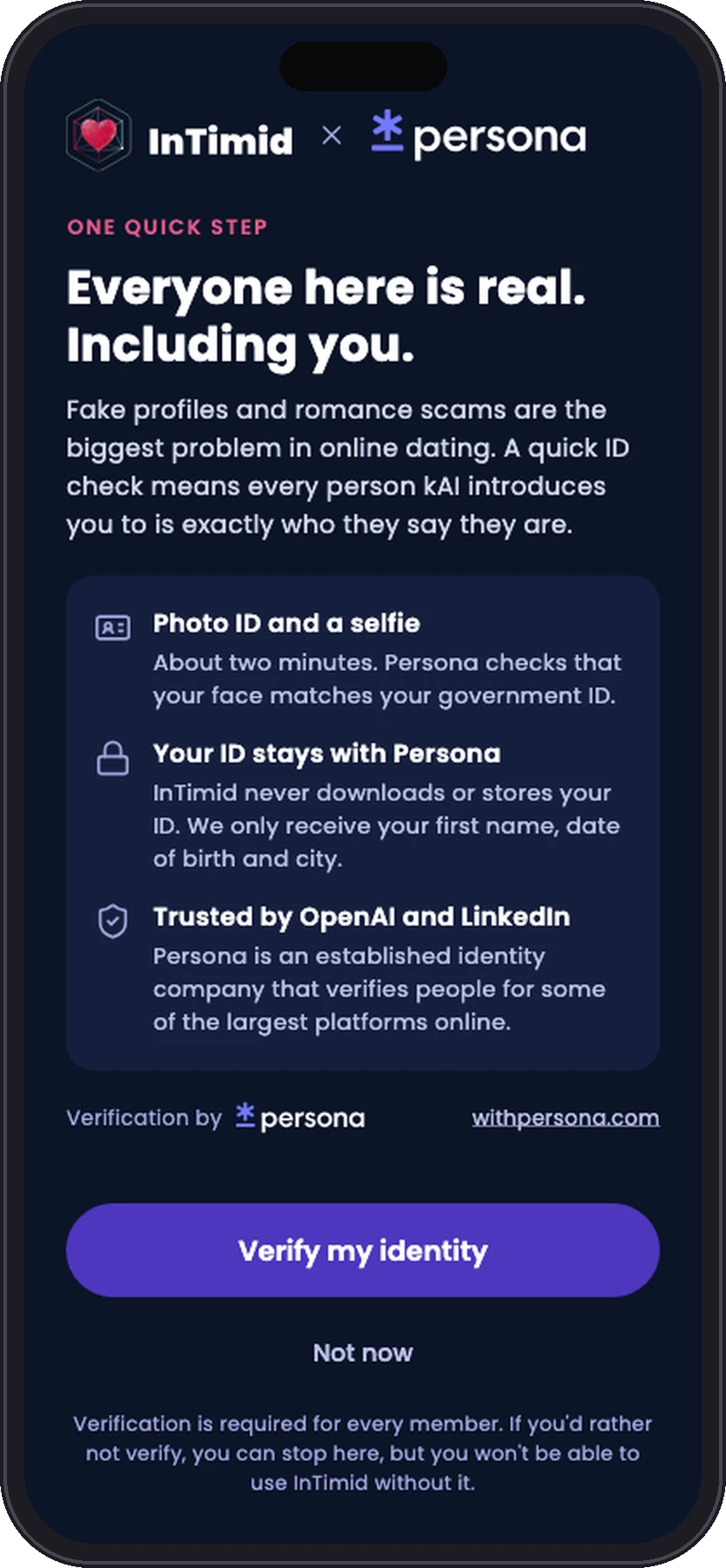 InTimid app identity verification screen: Getting started, we need some information to confirm your identity, with a Begin verifying button
