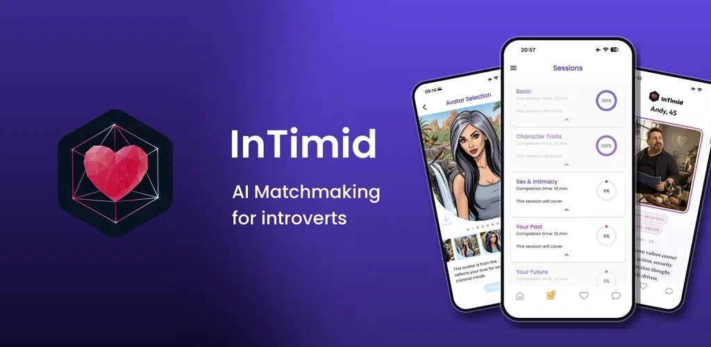 InTimid, AI matchmaking for introverts: app screens showing avatar selection, the Sessions list, and a member profile