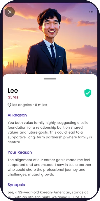 InTimid app match screen showing a verified match with the AI reason, your reason, and a synopsis
