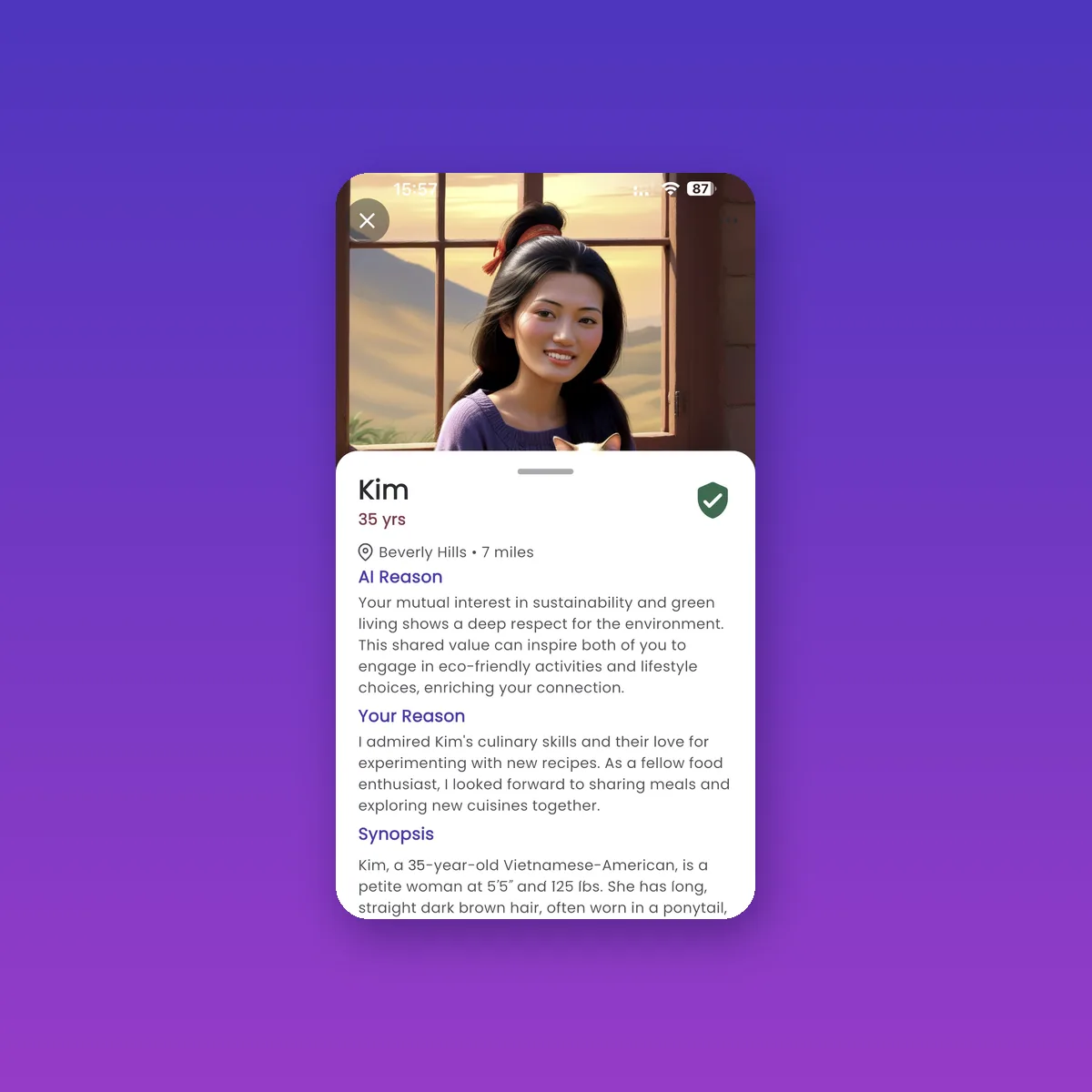 InTimid app: a proposed match, Kim, with a verified badge and kAI's reason for the match