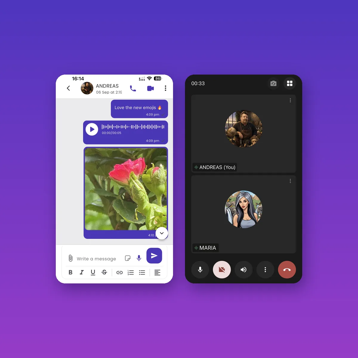 InTimid app: text chat with a voice note and photo, next to an in-app video call with a match