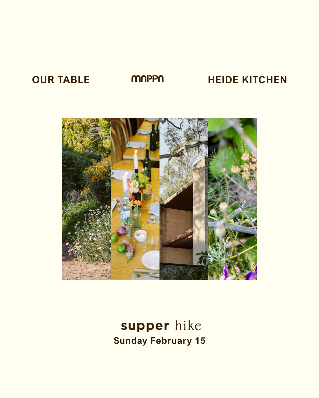 A collaged poster, sharing outdoor imagery and logos related to Our Table, Mappa, and Heide's upcoming event. 