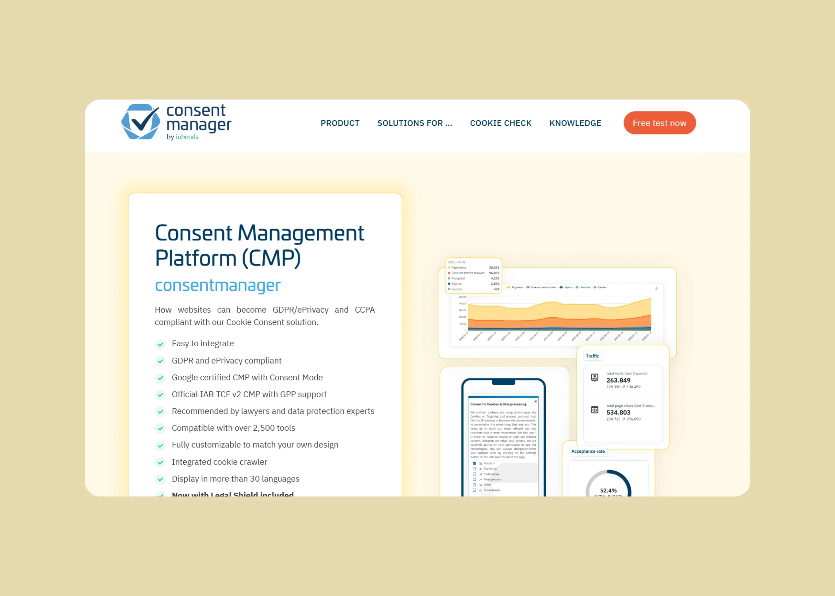 Consent Manager CMP platform by inbenta showing GDPR ePrivacy CCPA compliance with cookie consent solution, traffic analytics, and acceptance rate metrics