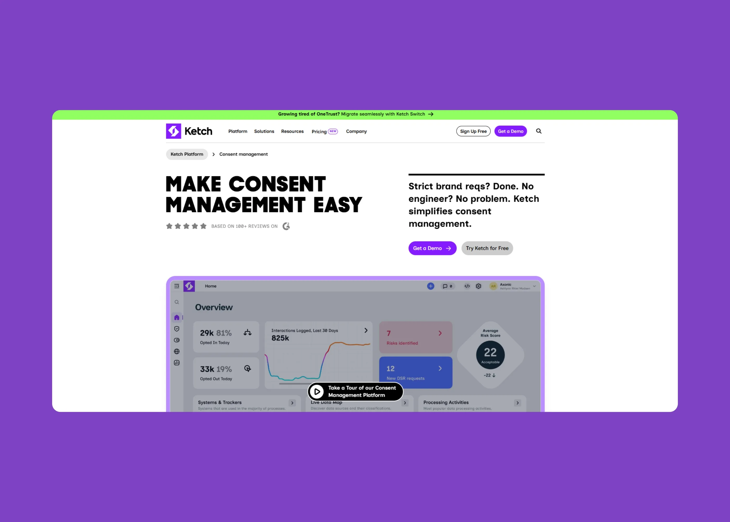 Ketch consent management platform dashboard with G4 reviews showing strict brand regulations, no-code implementation, and simplified consent management interface