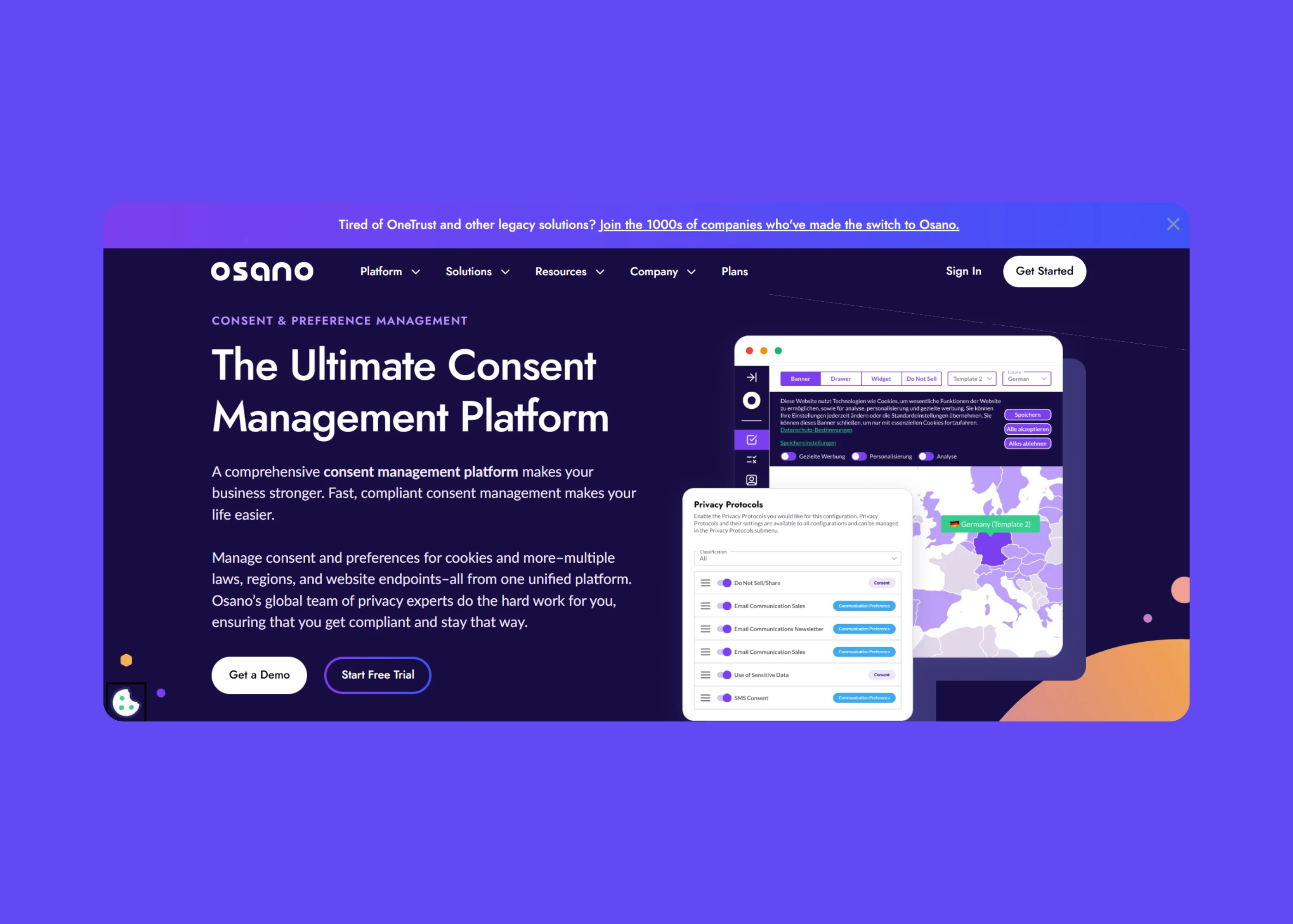 Osano consent management platform homepage featuring cookie consent banner interface with privacy protocols, compliance maps, and email communication settings