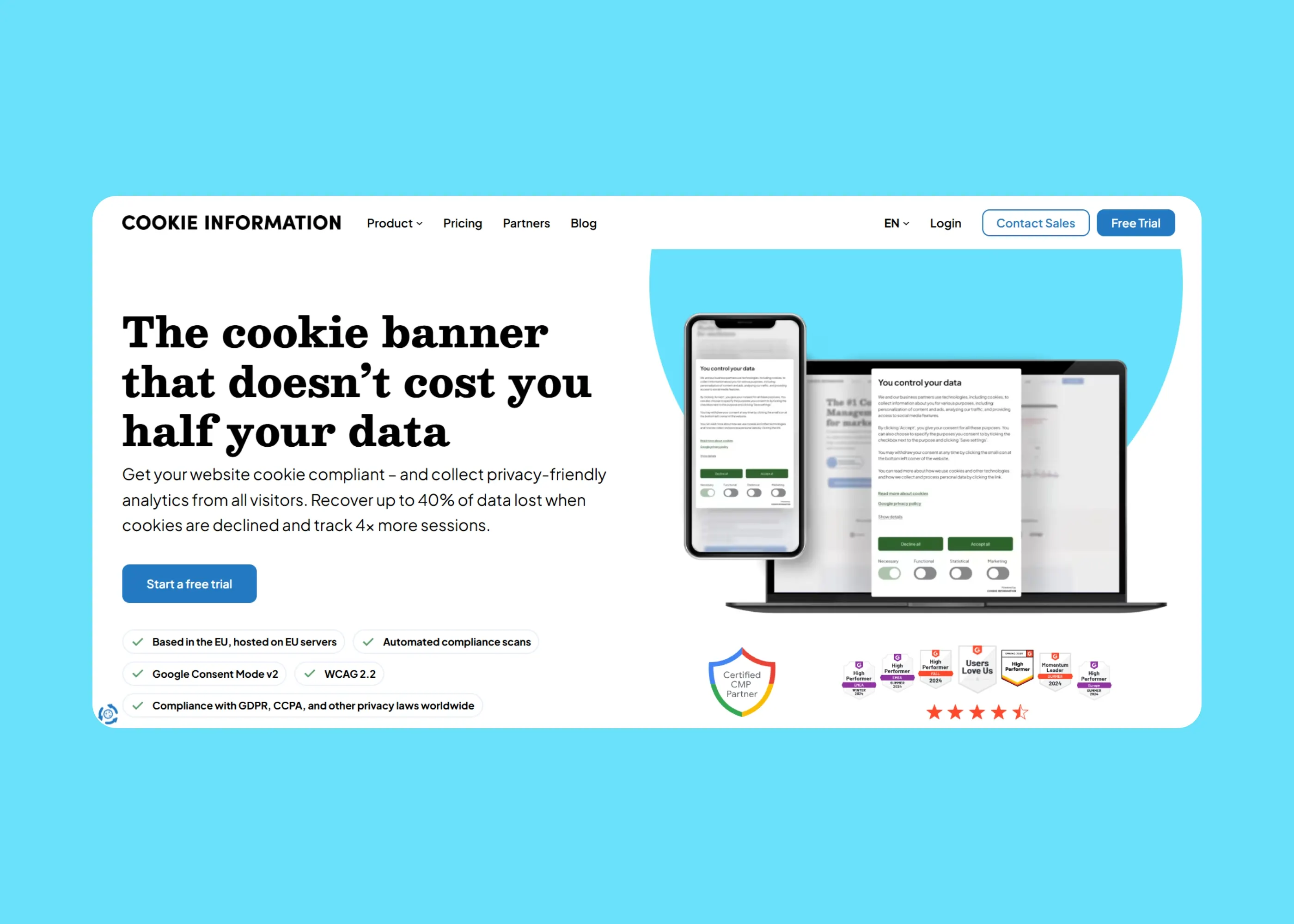 Cookie Information consent management platform displaying cookie banner with data control options and GDPR CCPA WCAG compliance for privacy-friendly analytics