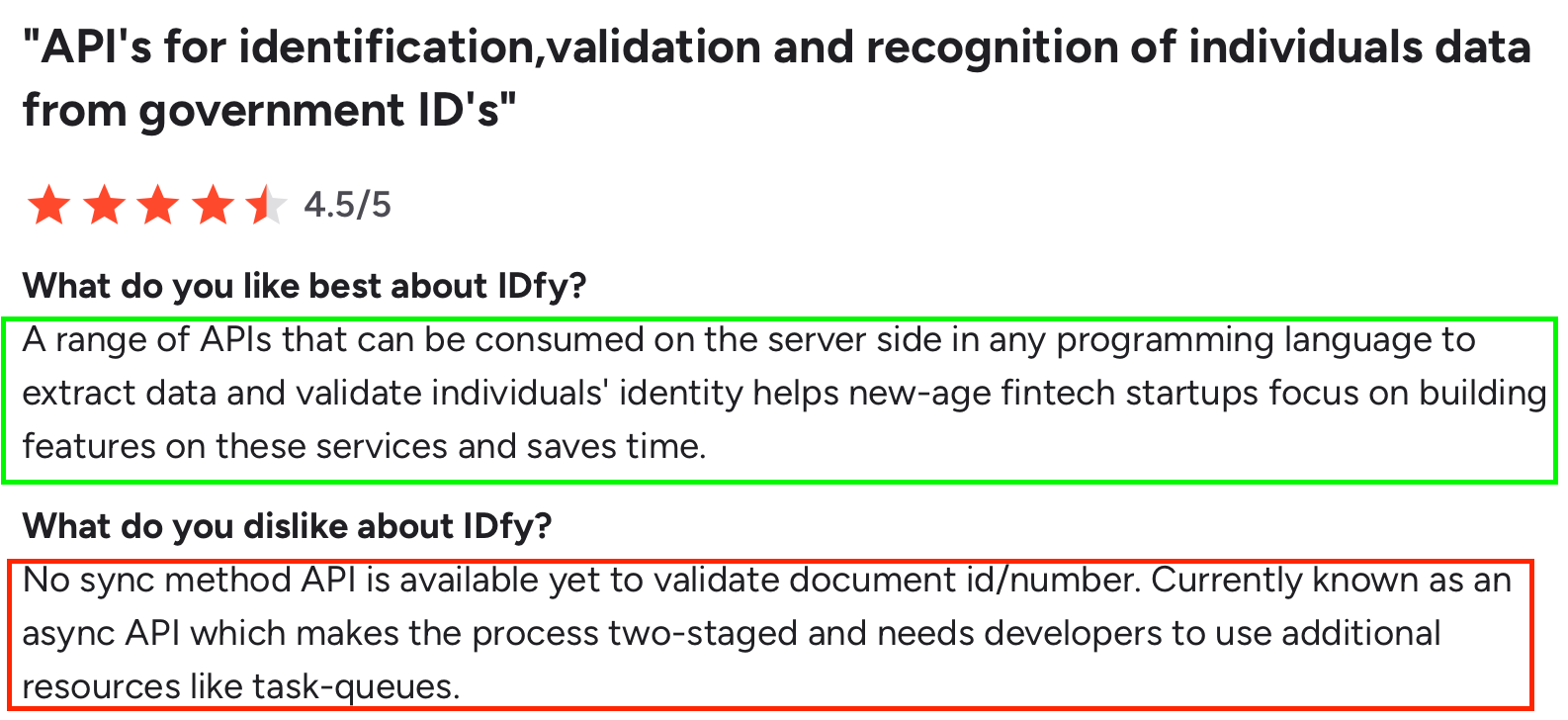 IDfy review showing 4.5/5 rating with feedback highlighting useful identity verification APIs and noting lack of a synchronous document validation API.
