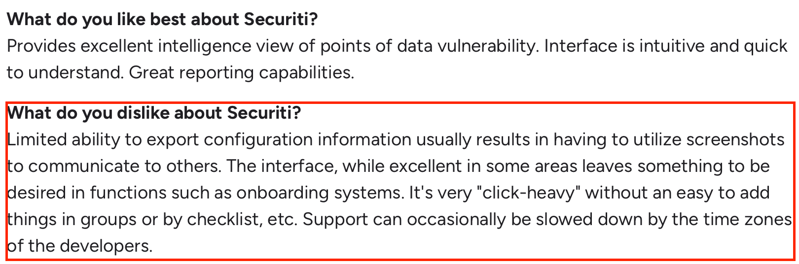 Securiti review highlighting limited export options, click-heavy interface, and slow support response