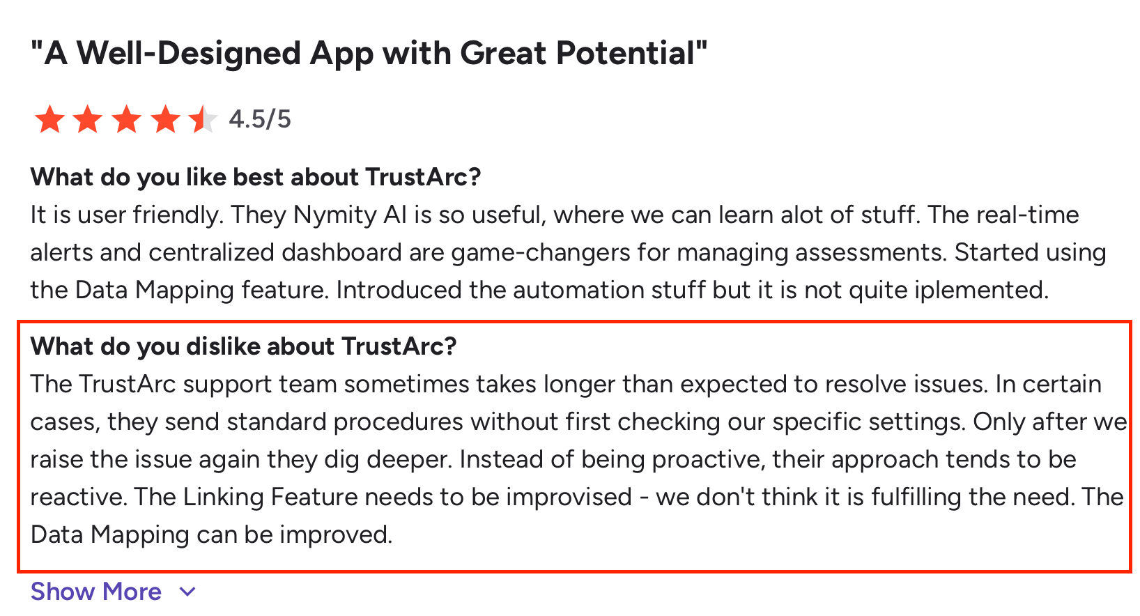 TrustArc review noting slow support response and gaps in linking and data mapping features