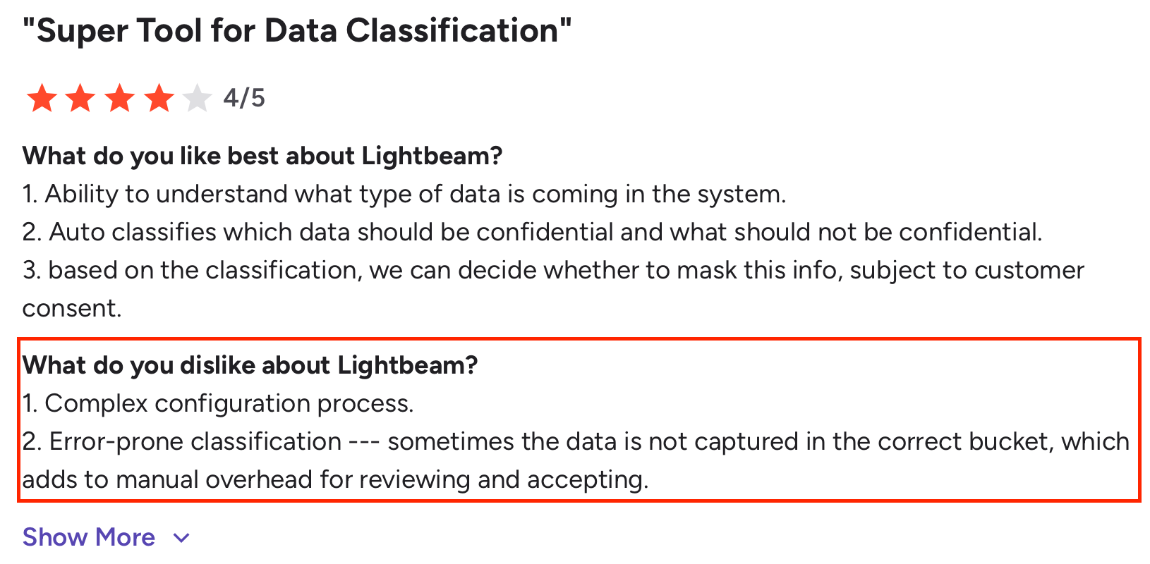 Lightbeam review noting complex setup and inaccurate data classification issues