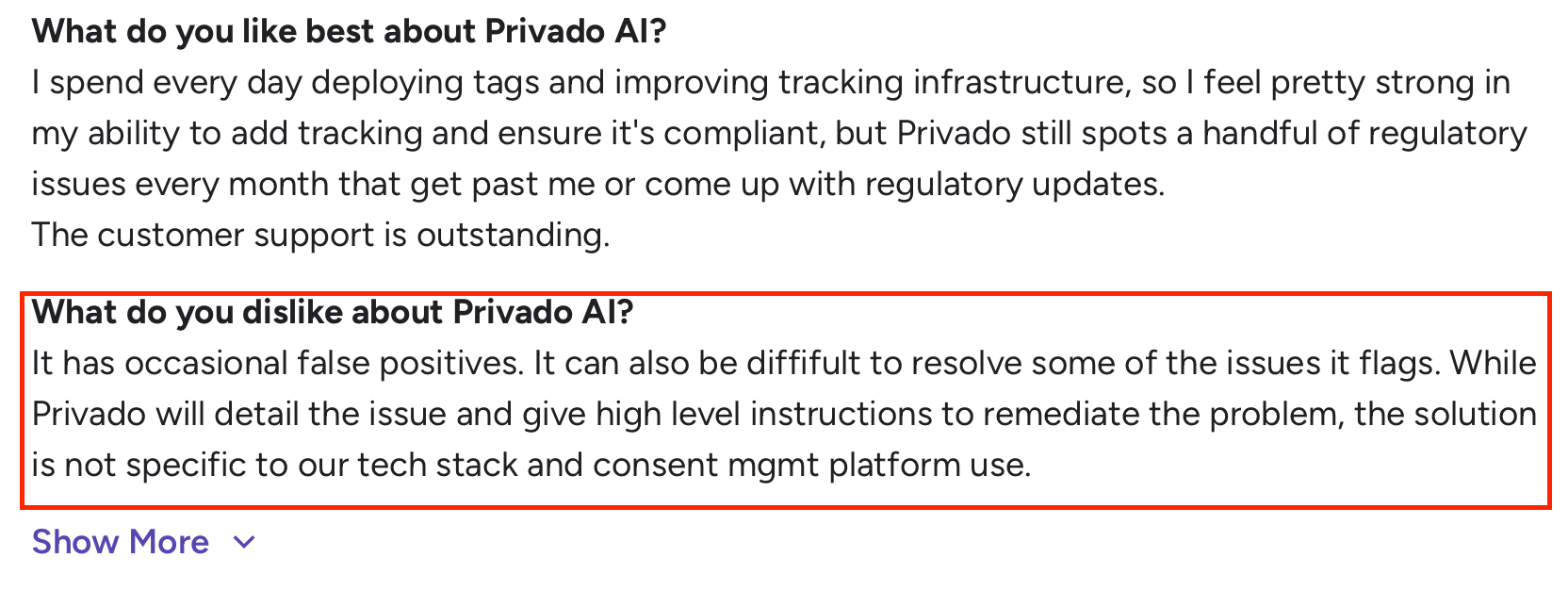 Privado AI review noting false positives and lack of specific issue resolution guidance