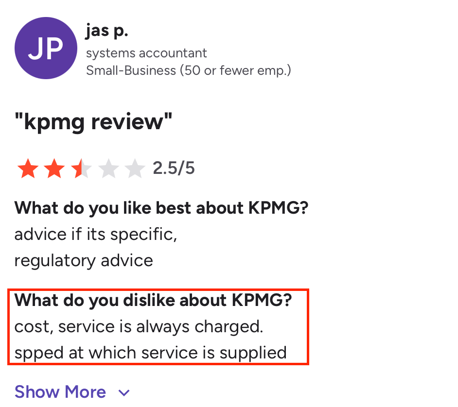 User review of KPMG highlighting high costs and slow service delivery as key drawbacks.