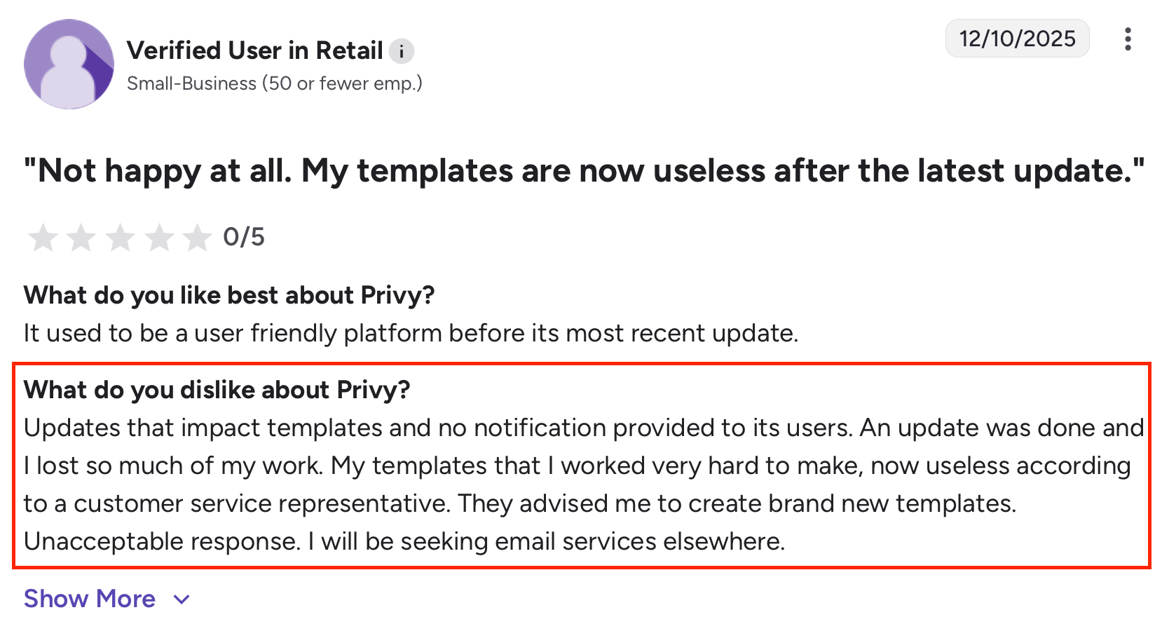 User review criticizing Privy update for breaking templates and causing data loss without prior notice.