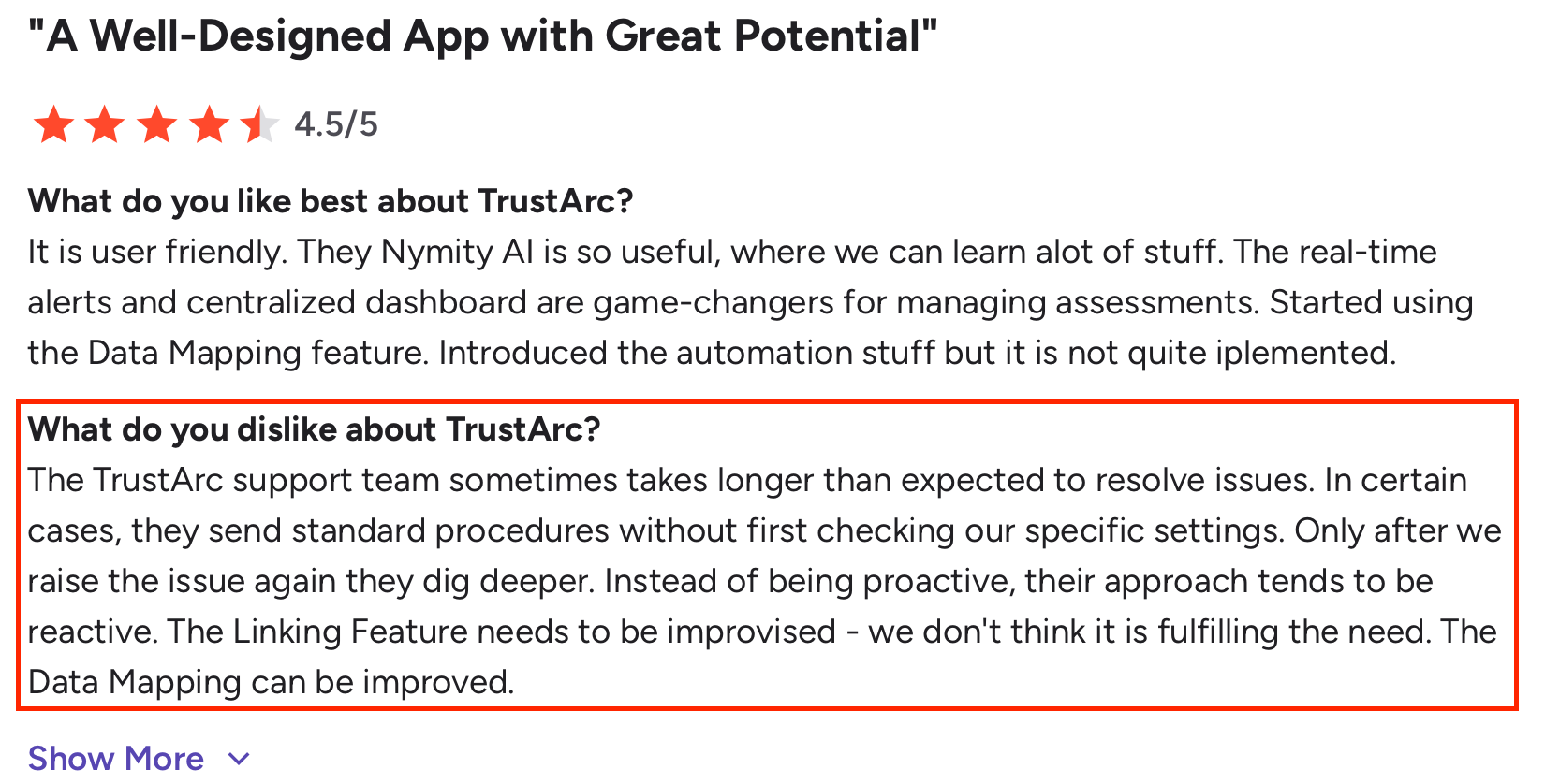 User review citing slow support, generic responses, and limitations in TrustArc features like linking and data mapping.