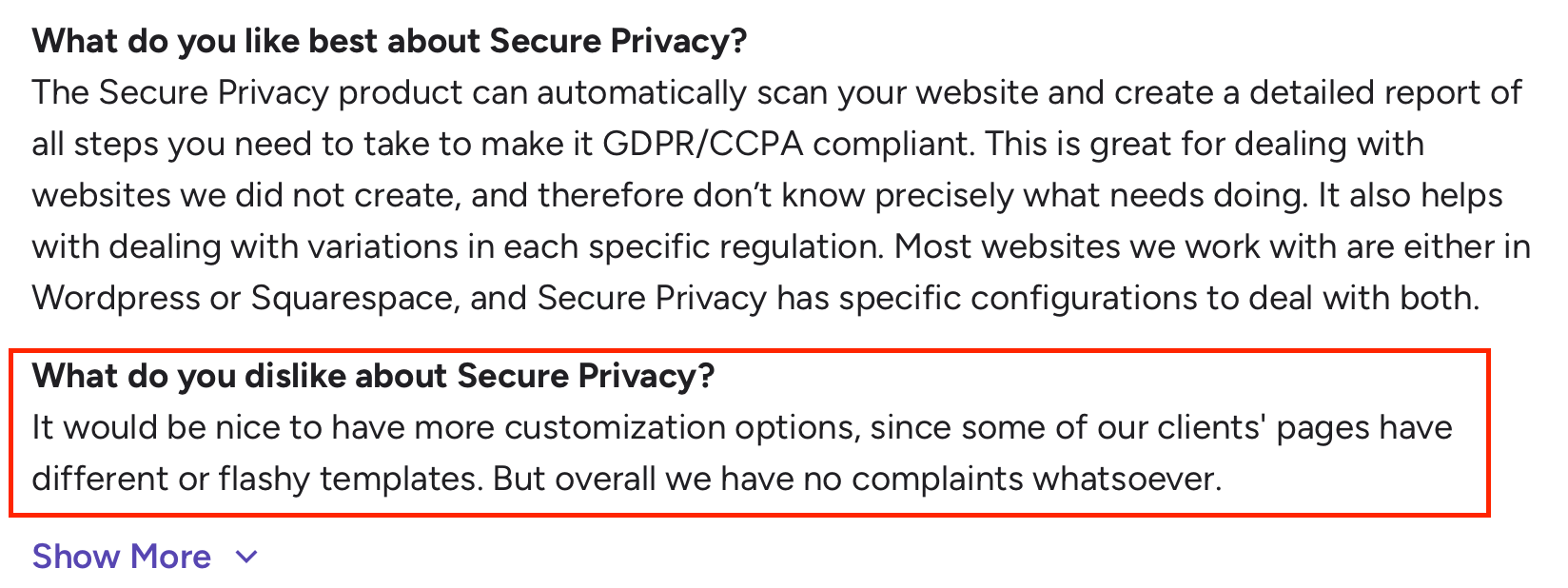 User review noting limited customization options but overall satisfaction with Secure Privacy.