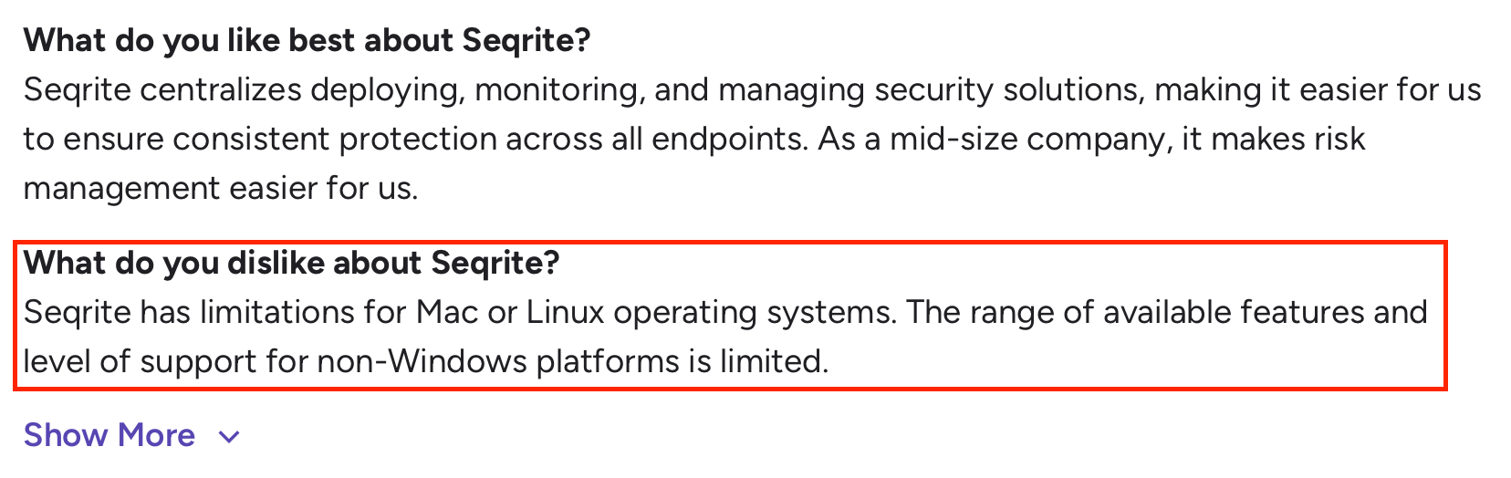 User review noting Seqrite’s limited support and features for Mac and Linux systems.