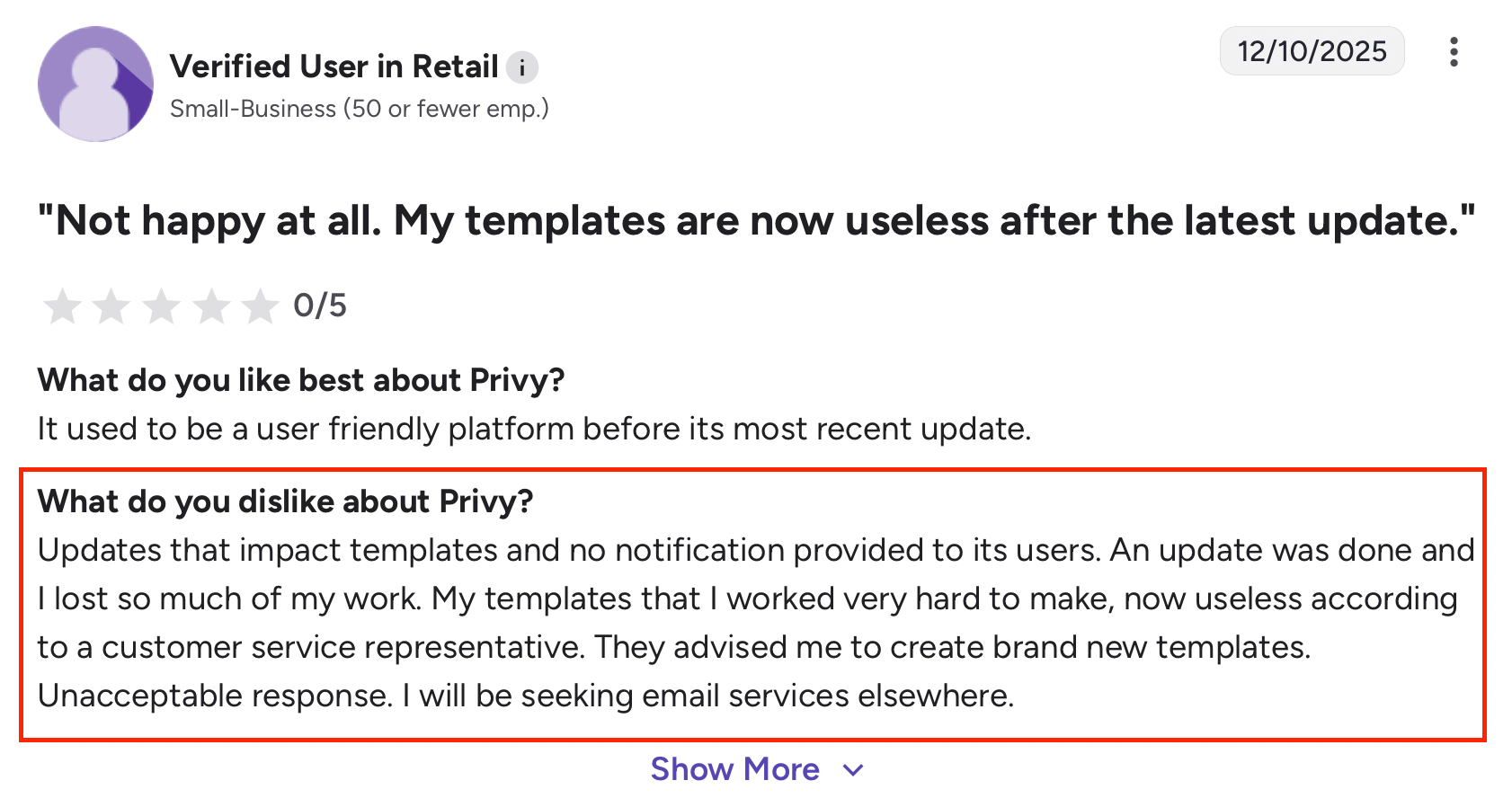 G2 review criticizing Privy updates for breaking templates without user notification.