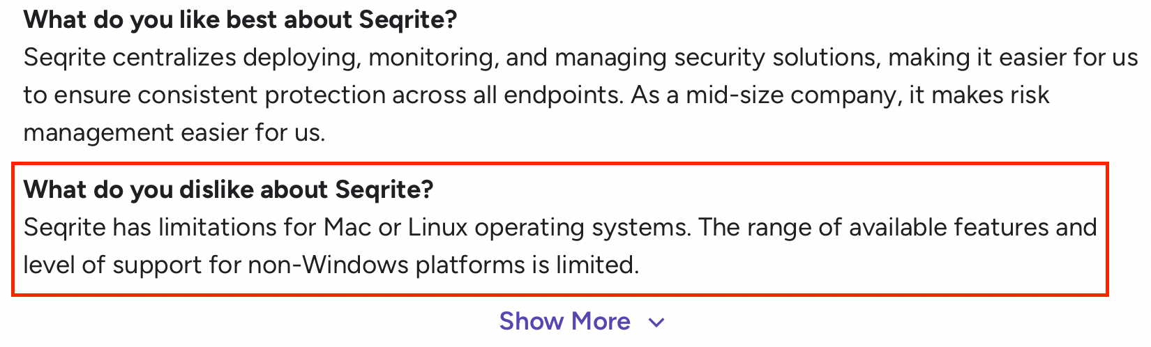 G2 review noting Seqriteโs limited support and features for Mac and Linux systems.