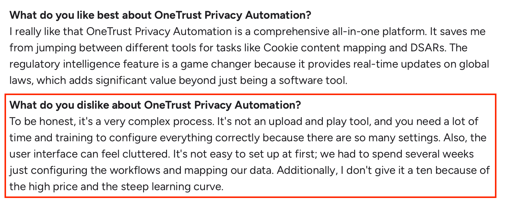 G2 review highlighting OneTrust’s complex setup, cluttered UI, and steep learning curve.