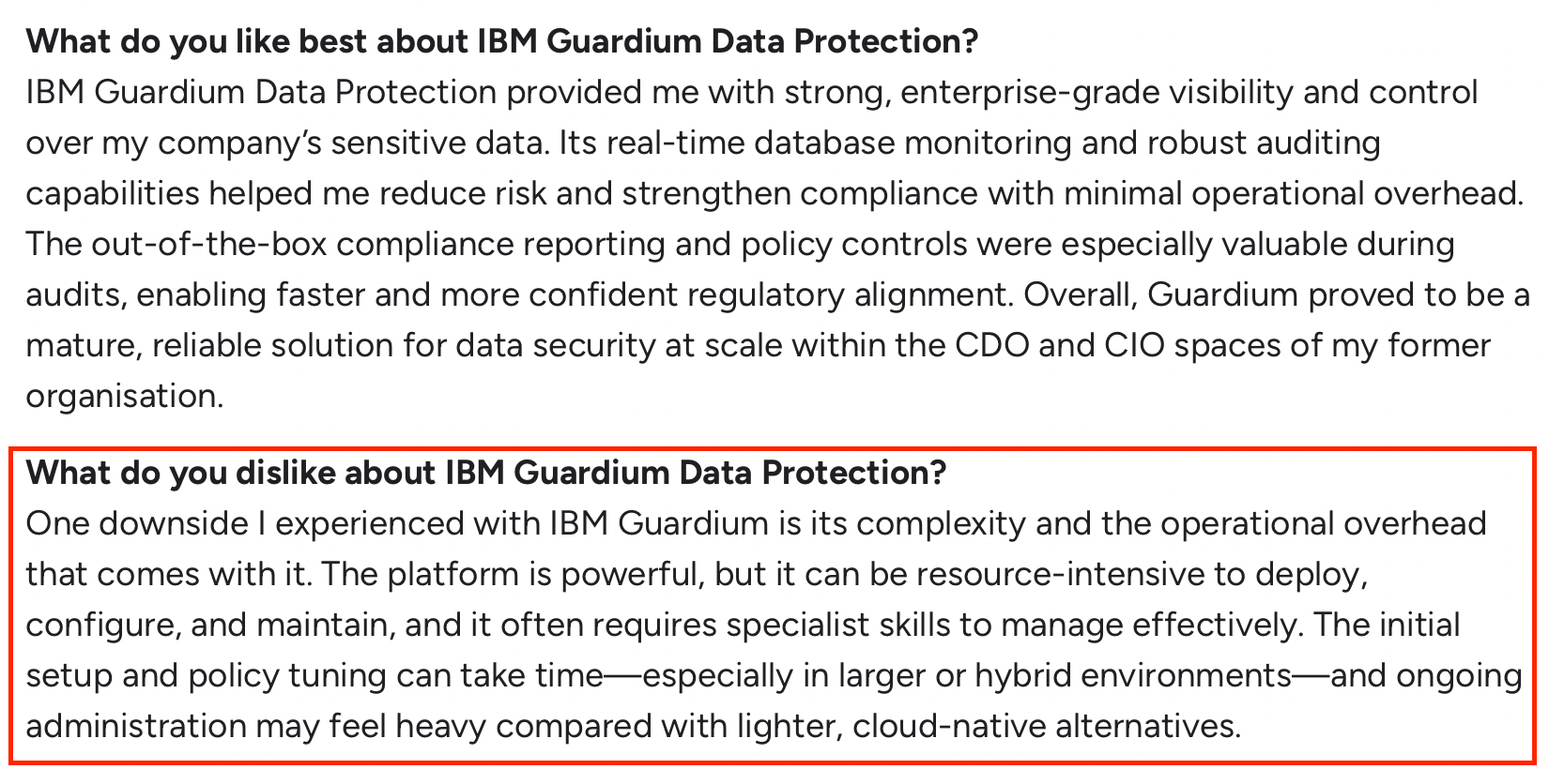 G2 review highlighting IBM Guardium’s complex deployment, maintenance, and resource-intensive setup.