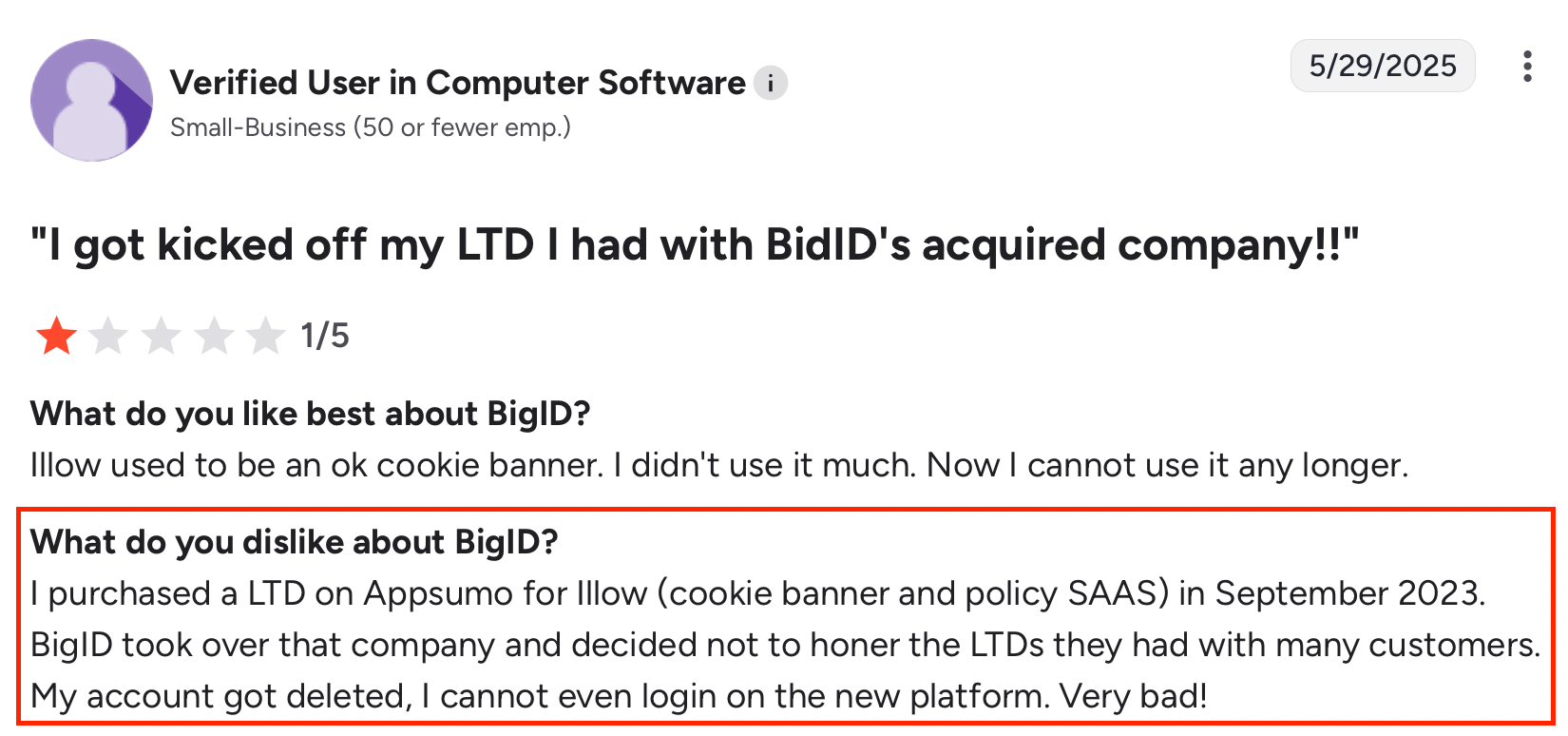 G2 review criticizing BigID for account deletion and failure to honor lifetime deal access after acquisition.