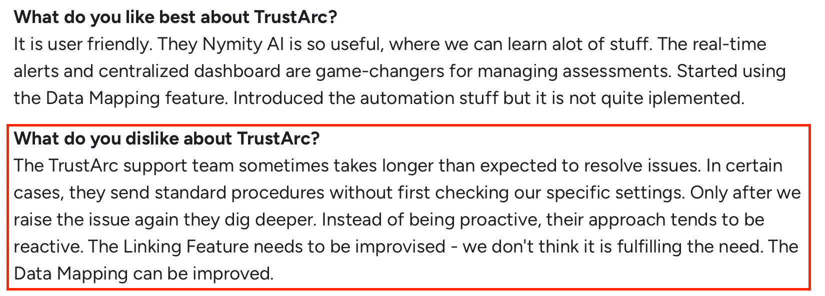 G2 review highlighting TrustArc’s slow support response and limitations in data mapping features.
