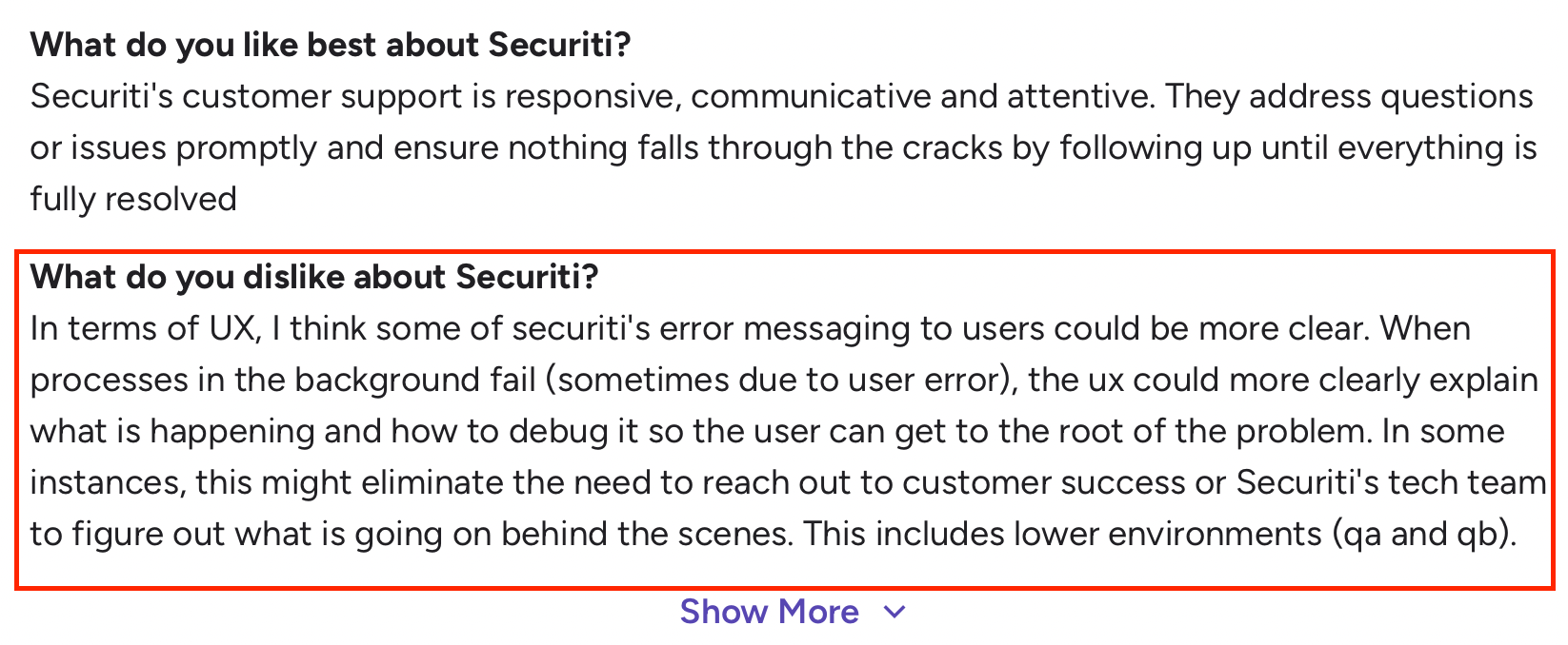 G2 review noting Securiti’s unclear error messaging and UX troubleshooting challenges.