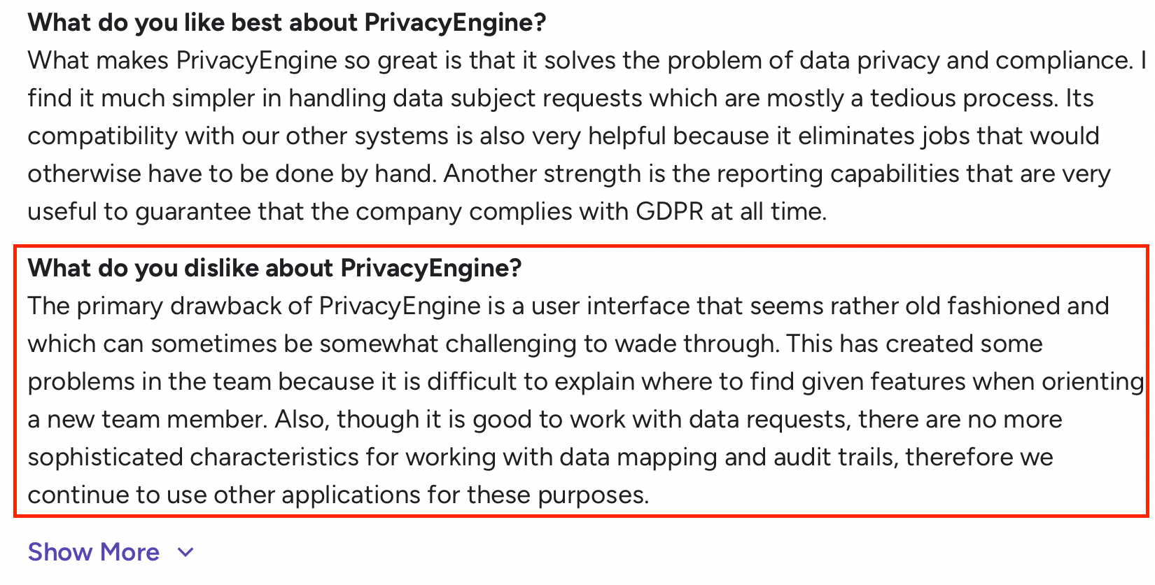 G2 review highlighting PrivacyEngine’s outdated interface and limited advanced data mapping features.