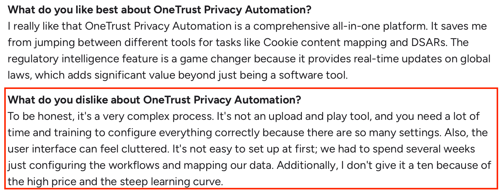 G2 review highlighting OneTrust’s complex setup, cluttered interface, and steep learning curve.