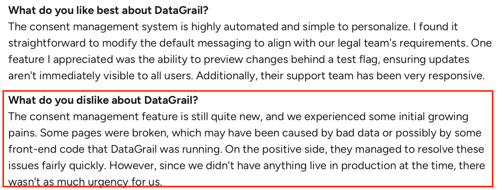 G2 review noting DataGrail consent management bugs and early product stability issues.