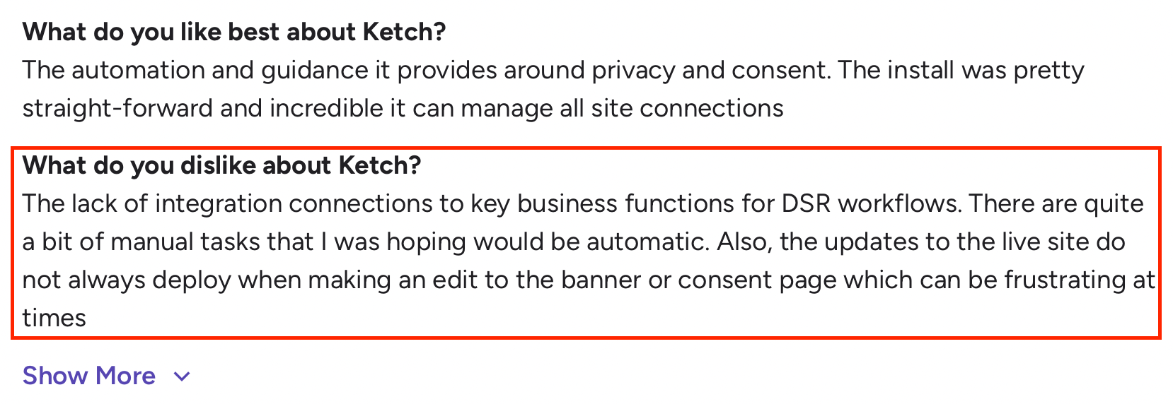G2 review noting Ketch’s limited workflow integrations and inconsistent consent banner updates.