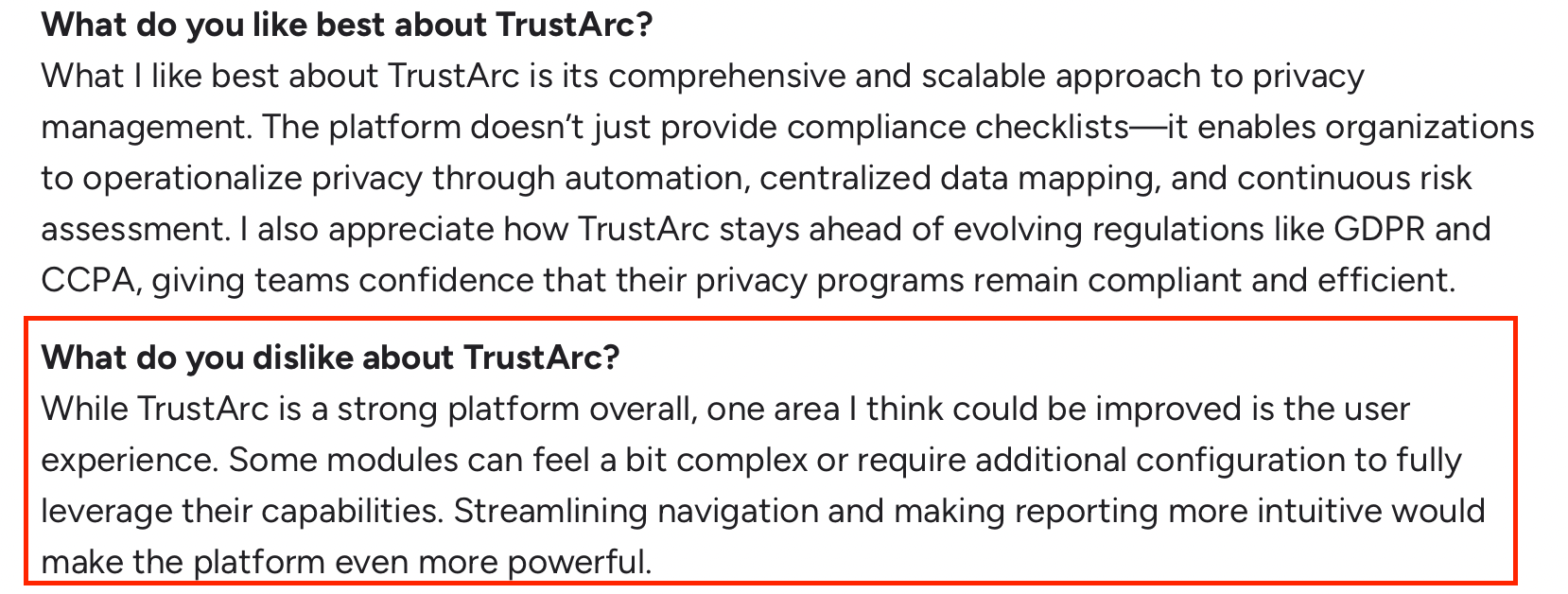 G2 review mentioning TrustArc’s complex interface and reporting configuration challenges.