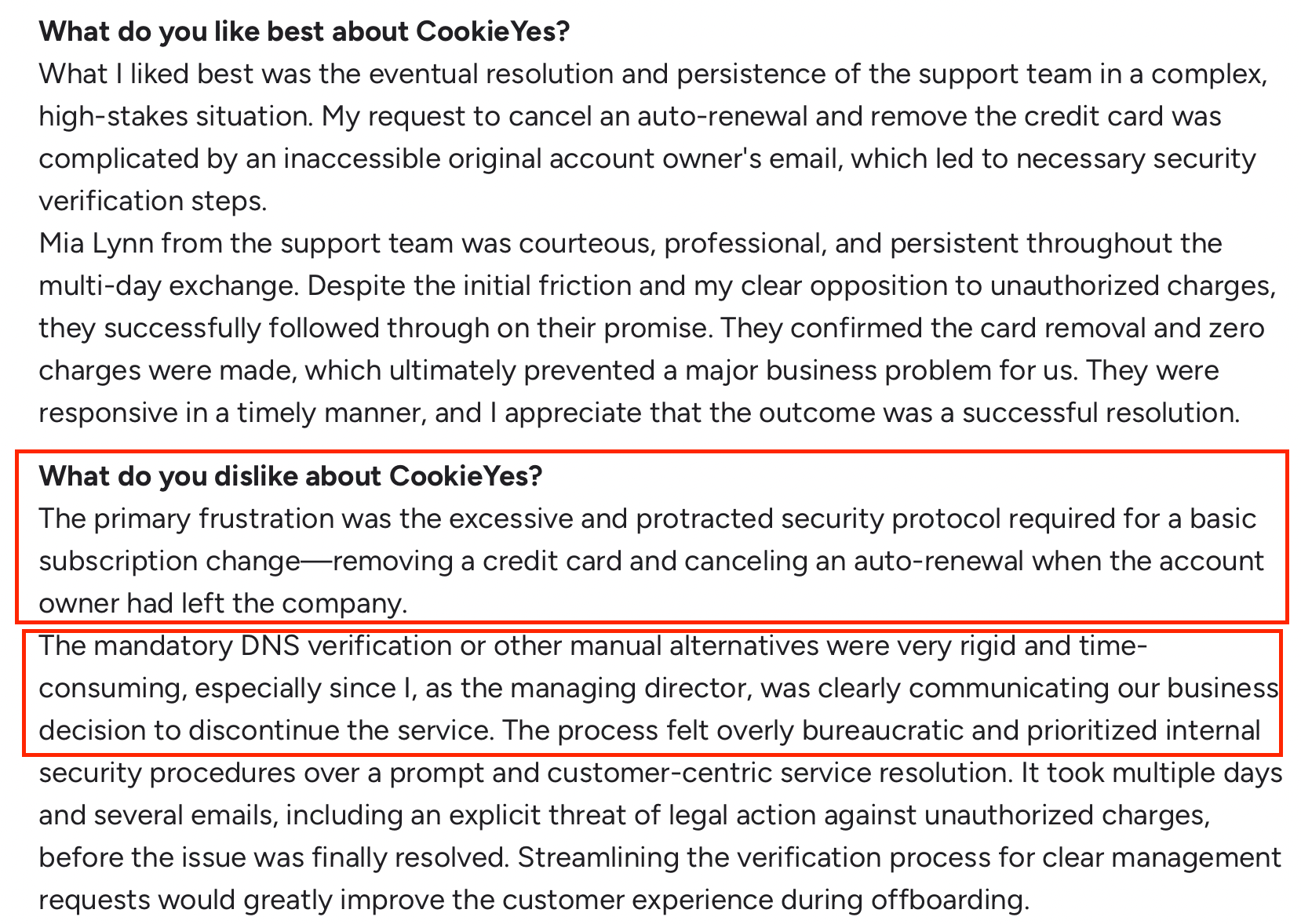 G2 review highlighting CookieYes frustrations around lengthy security verification and difficult subscription cancellation process.