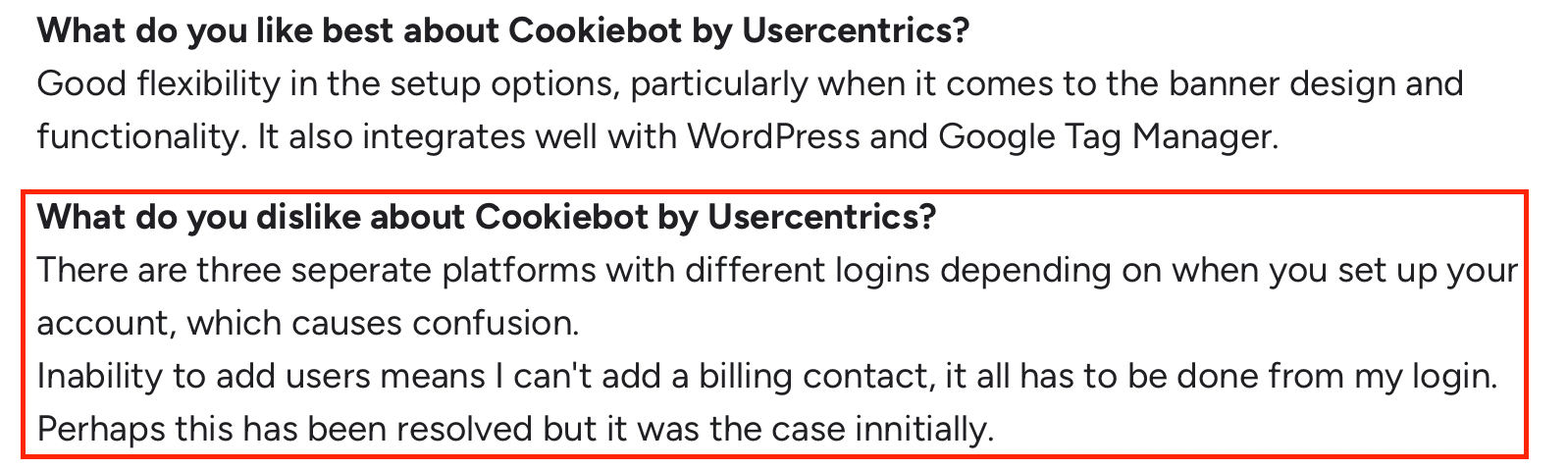 G2 review highlighting Cookiebot login confusion and limited user management controls.