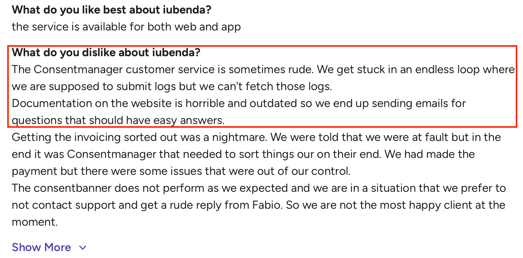 G2 review criticizing iubenda’s customer support, outdated documentation, and billing issues.