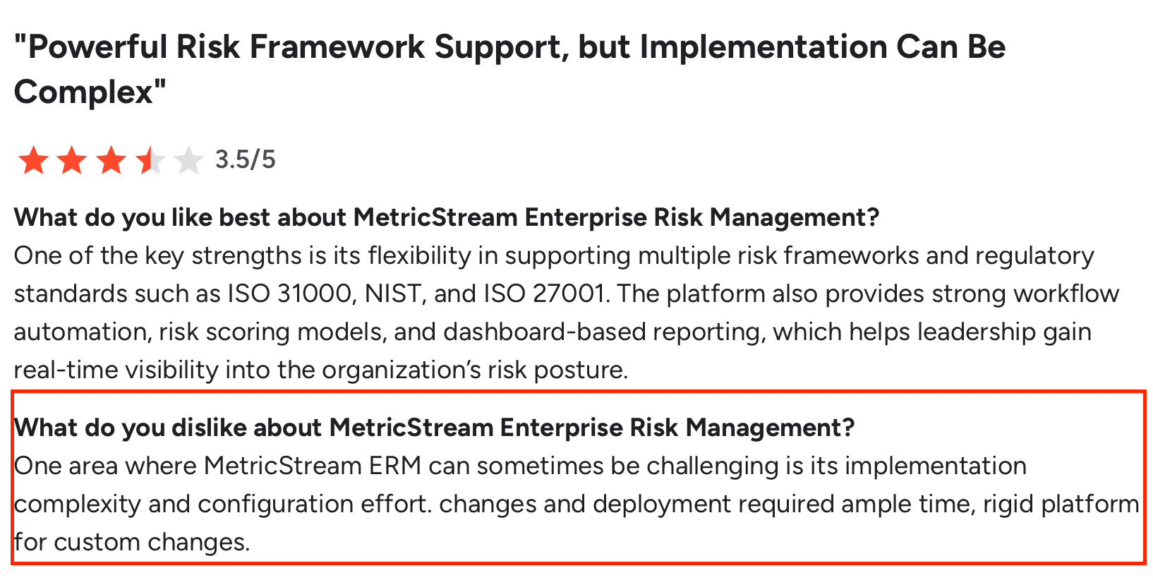 G2 review highlighting MetricStream’s complex implementation and rigid customization process.