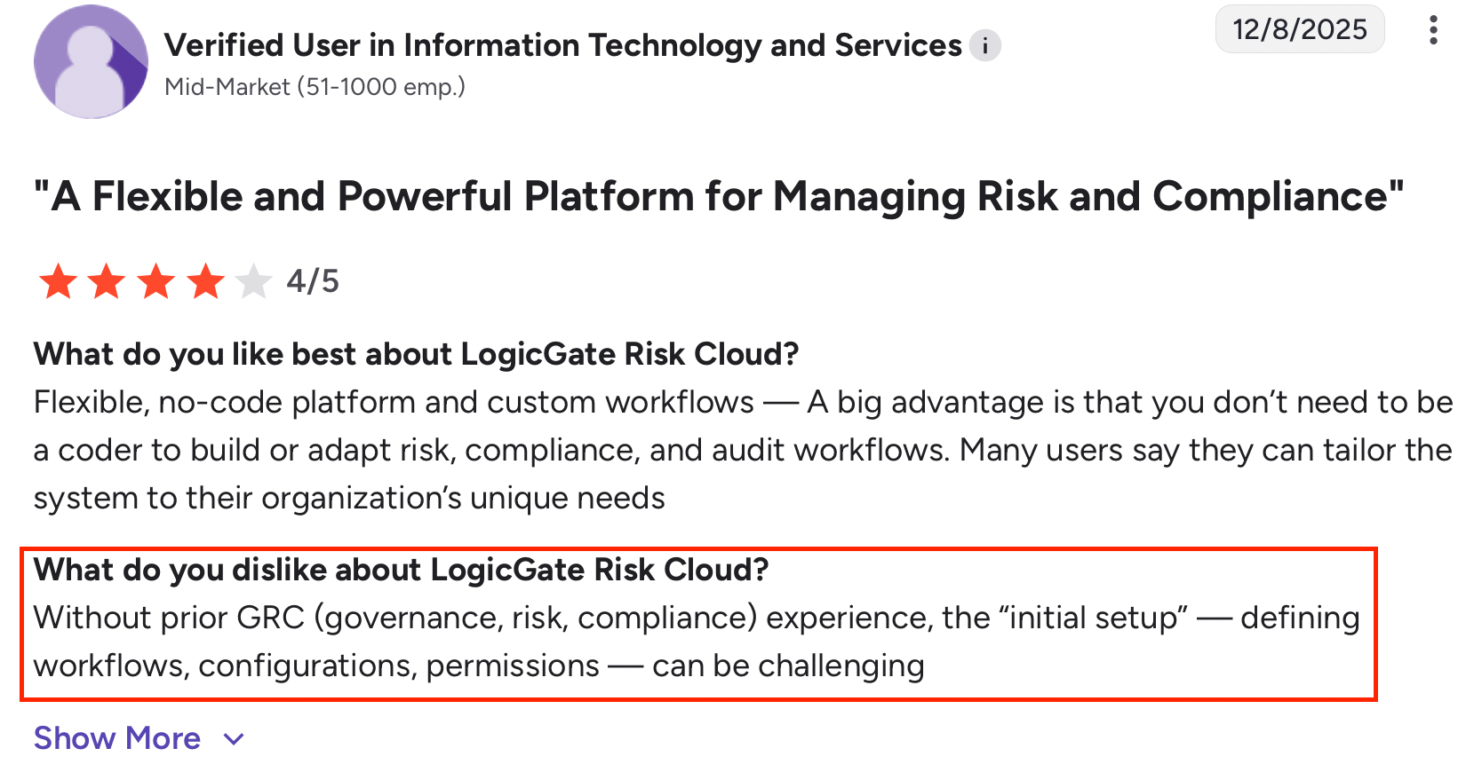 G2 review noting LogicGate Risk Cloud’s challenging setup and configuration for new GRC users