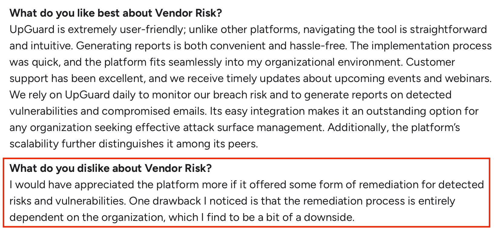 G2 review noting UpGuard Vendor Risk’s lack of built-in remediation capabilities for detected risks.