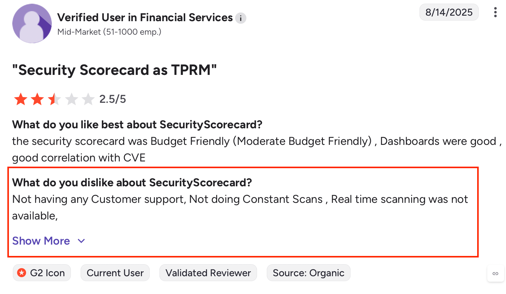 G2 review criticizing SecurityScorecard’s lack of customer support and real-time scanning capabilities.