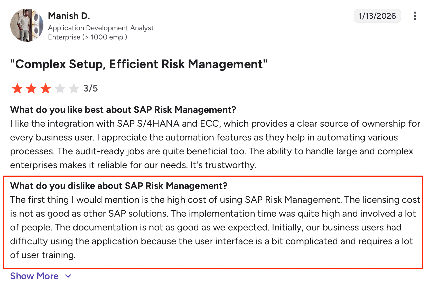 G2 review highlighting SAP Risk Management’s high cost, long implementation time, and complex user interface.
