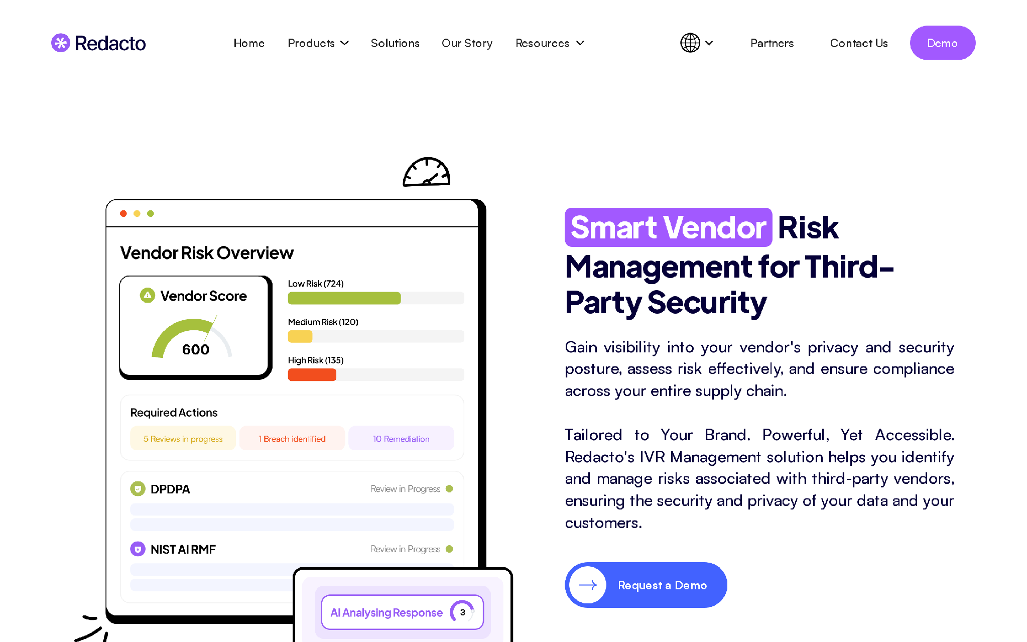 Redacto vendor risk management page showing assessment, monitoring and compliance capabilities